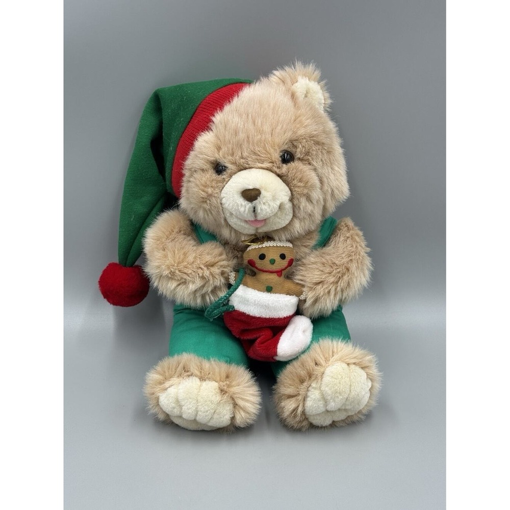Vtg CHOSUN Christmas Teddy Bear Holding Gingerbread Plush 11" Stuffed Animal